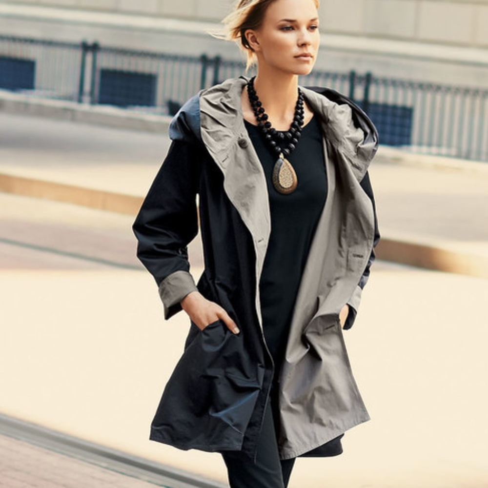 Eileen Fisher Reversible Hooded Rain Coat